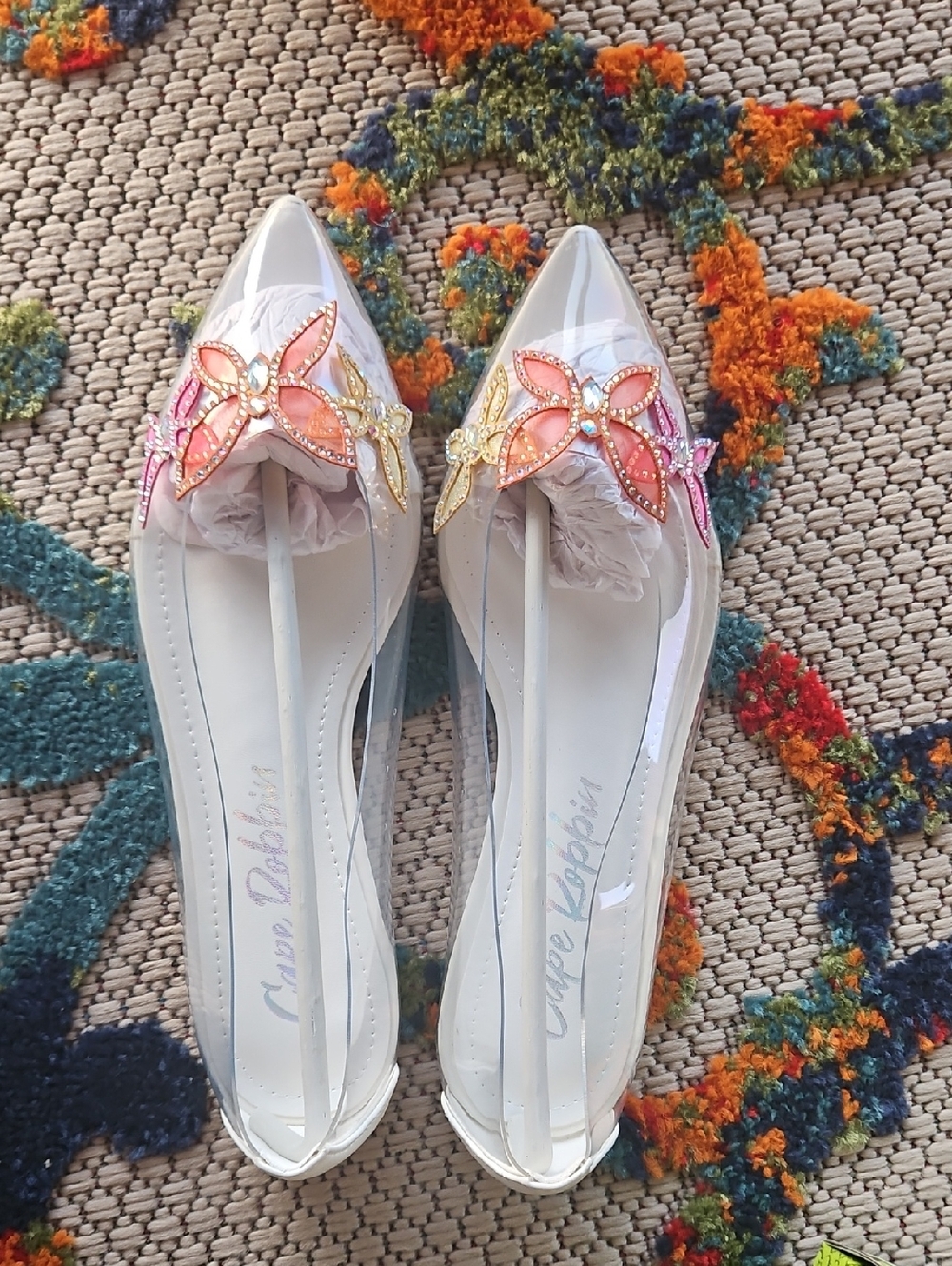 Cape Robbin Clear Pointed Flats with Pink and Gold Floral Appliques